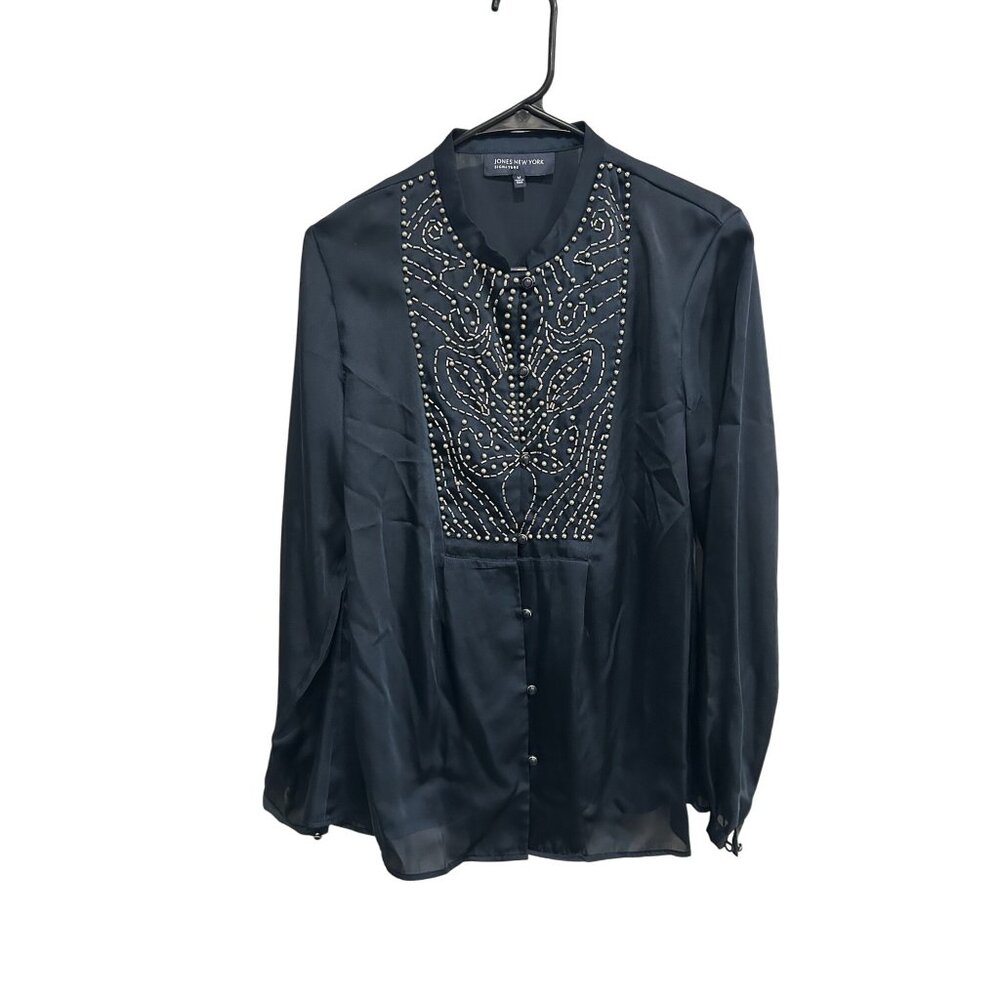 Jones New York Signature Beaded Button Up Blouse Navy Blue Sz Medium Career